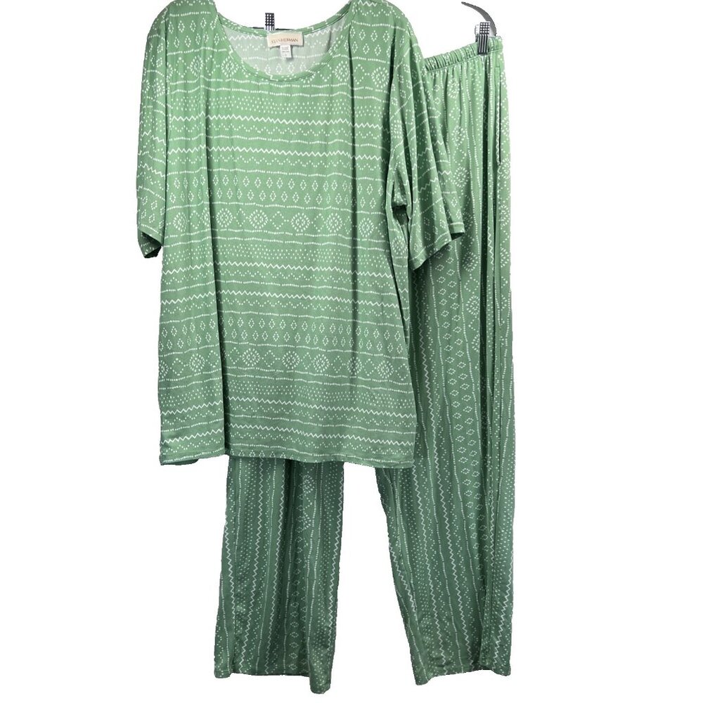 Stan Herman Microfleece Personality Pajama Set‎ Women's Size Large Green Aztec